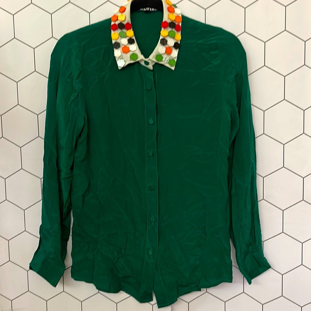 Elvish women silk blouse with colorful collar statement blouse